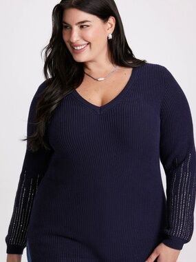 Laura Navy Blue Ribbed V-Neck Tunic Sweater with Rhinestone Sleeves Size 3X